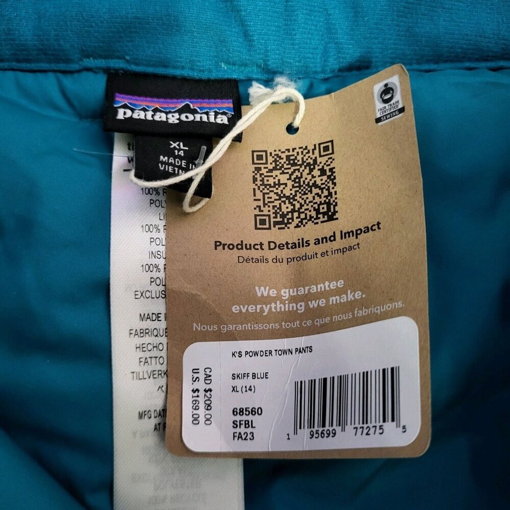 Patagonia Kids Powder Town Snow Pants Ski Pants Sniff Blue XL (14) MSRP $169 - Picture 6 of 7